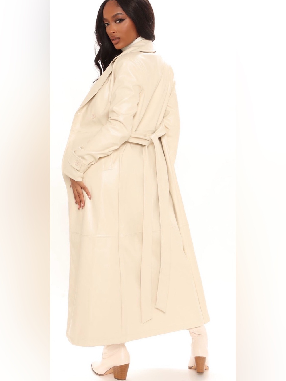 Long Cream Trench Coat with Belt